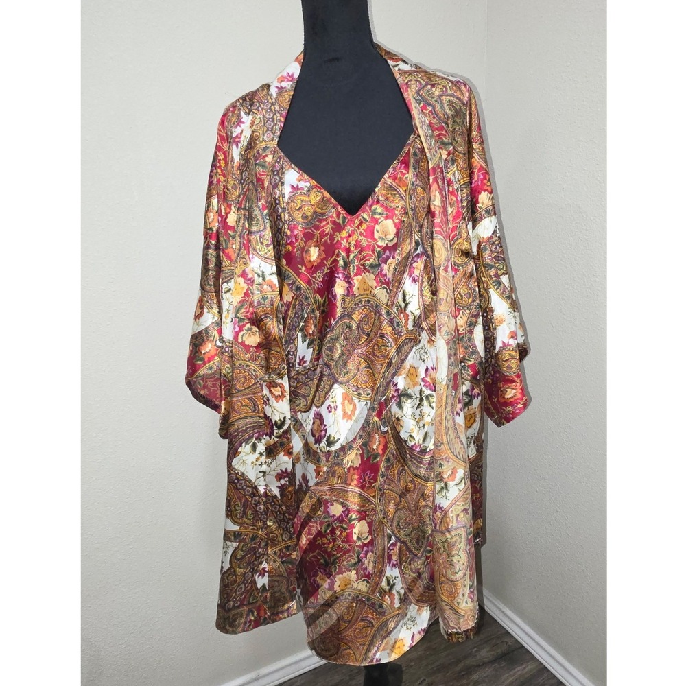 Vintage LA II Paisley Floral Robe and Sheer Nightgown Set Red Gold Made in USA